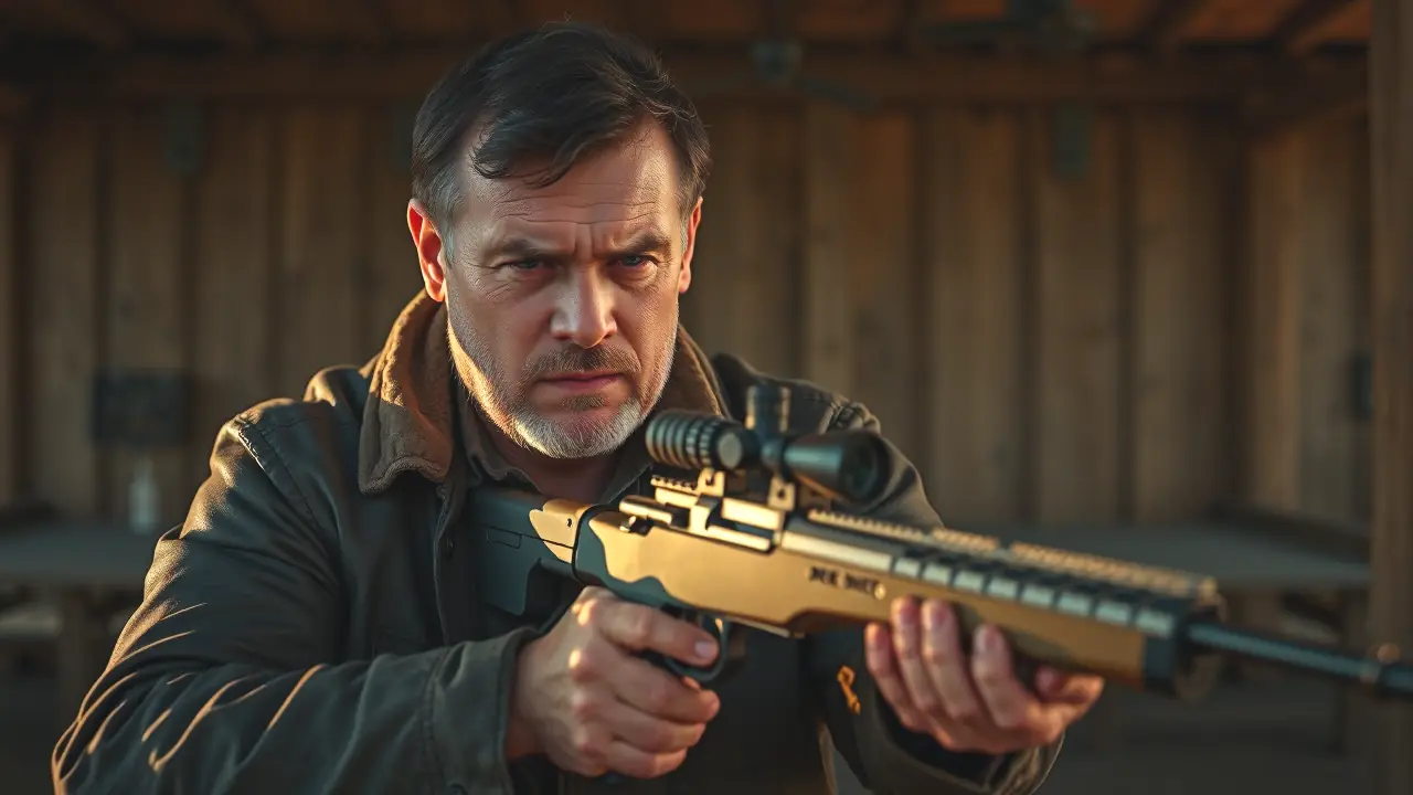 Un hombre serio con rifle en el sol