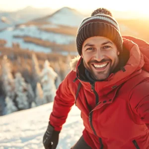 Un hombre atlético esquía en la nieve dorada