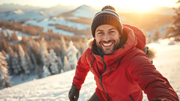 Un hombre atlético esquía en la nieve dorada