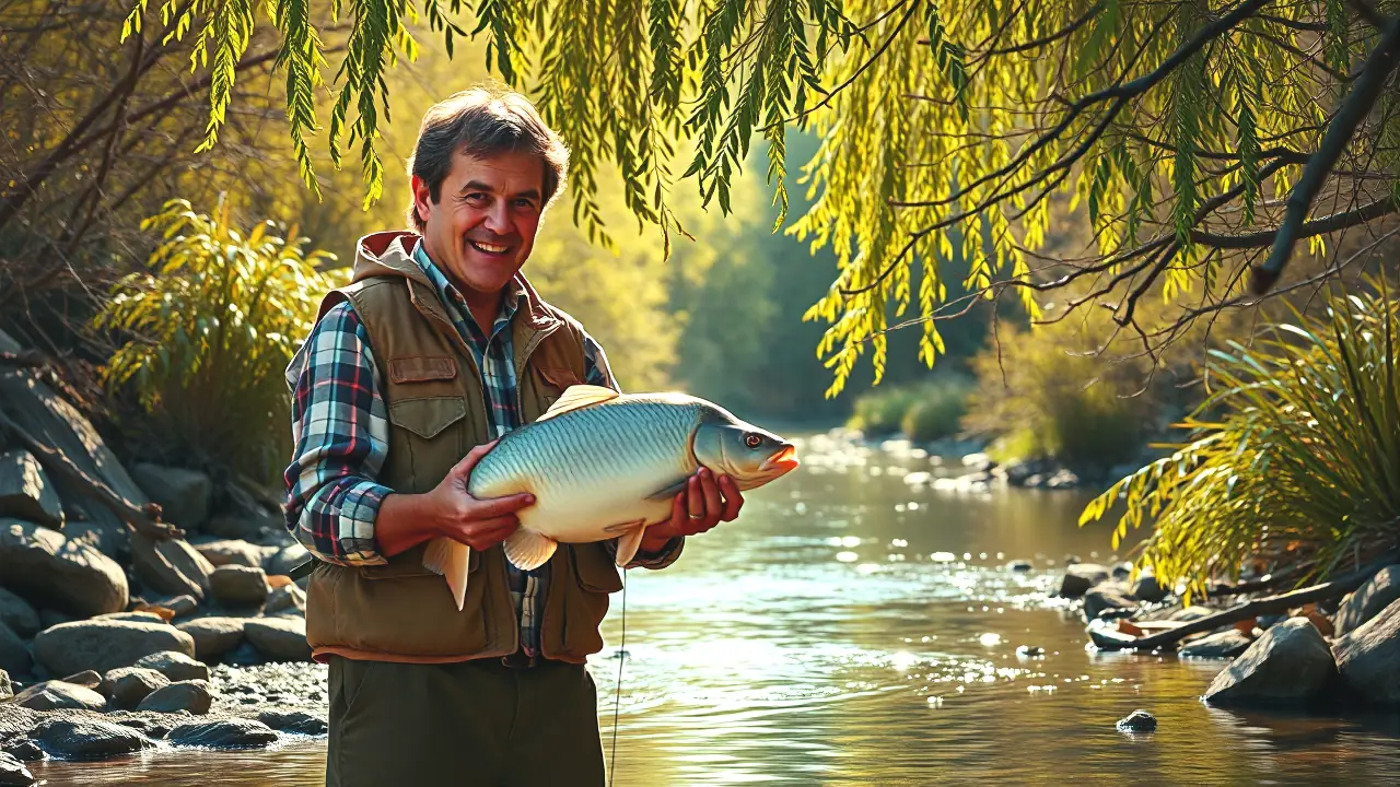 Un pescador español tranquilo captura un pez blanco