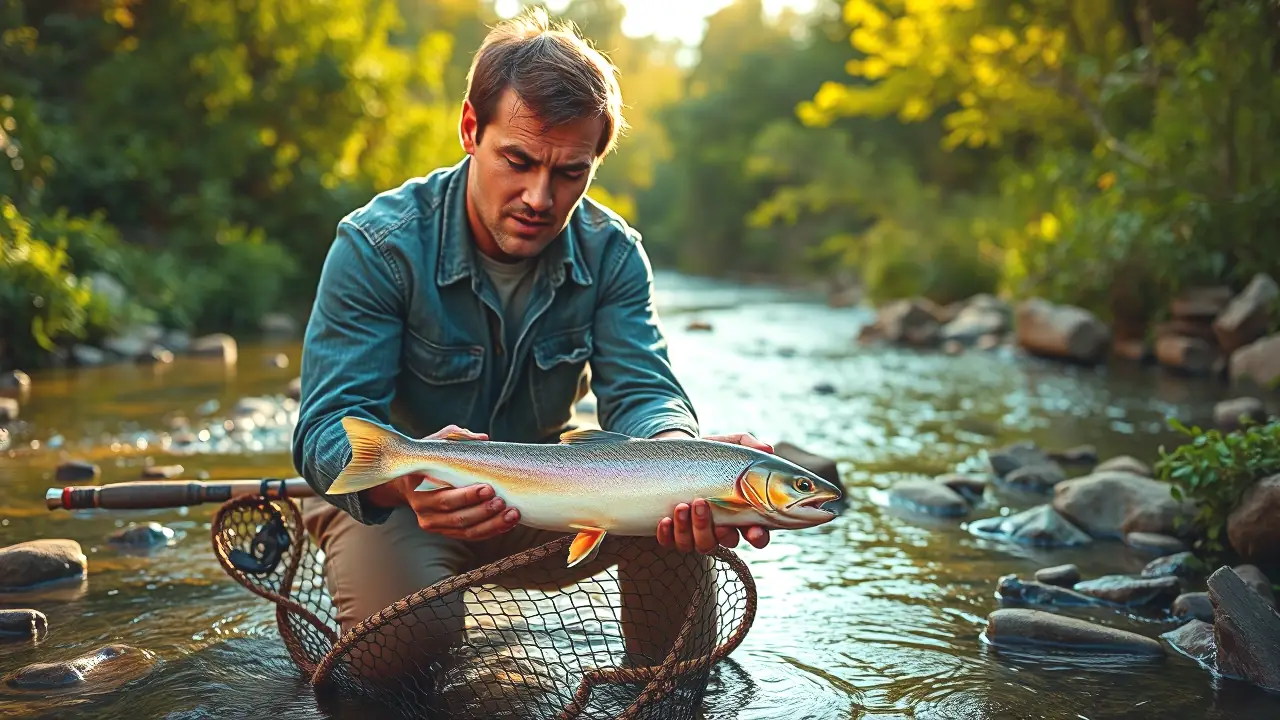 Un pescador español captura un truchón en la montaña