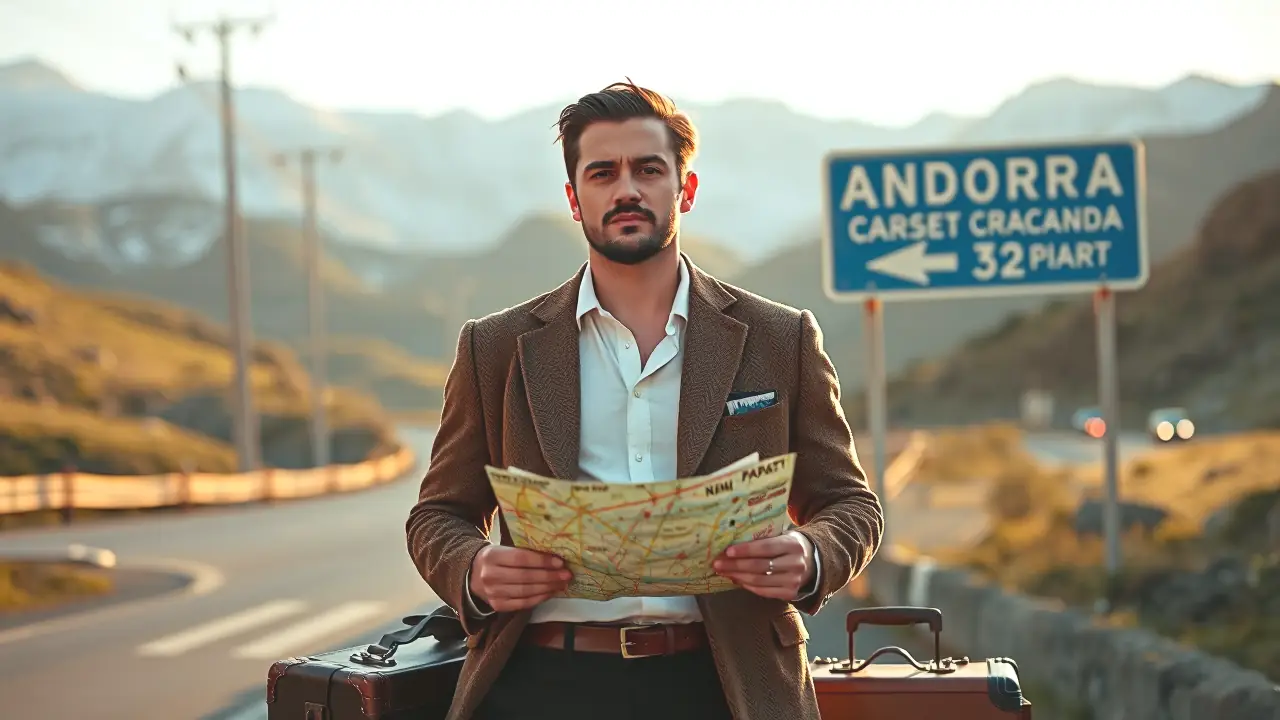 Un hombre pensativo examina Andorra con luz dorada