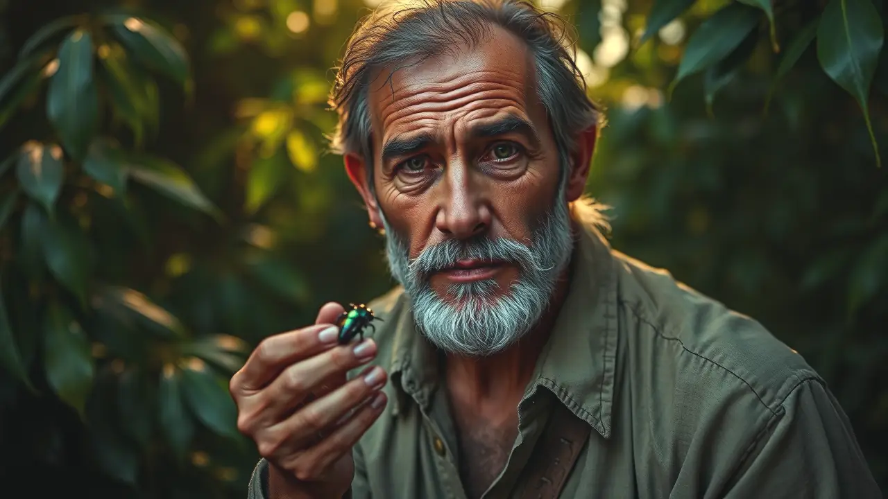 Un hombre contemplativo captura un escarabajo iridiscente en la selva