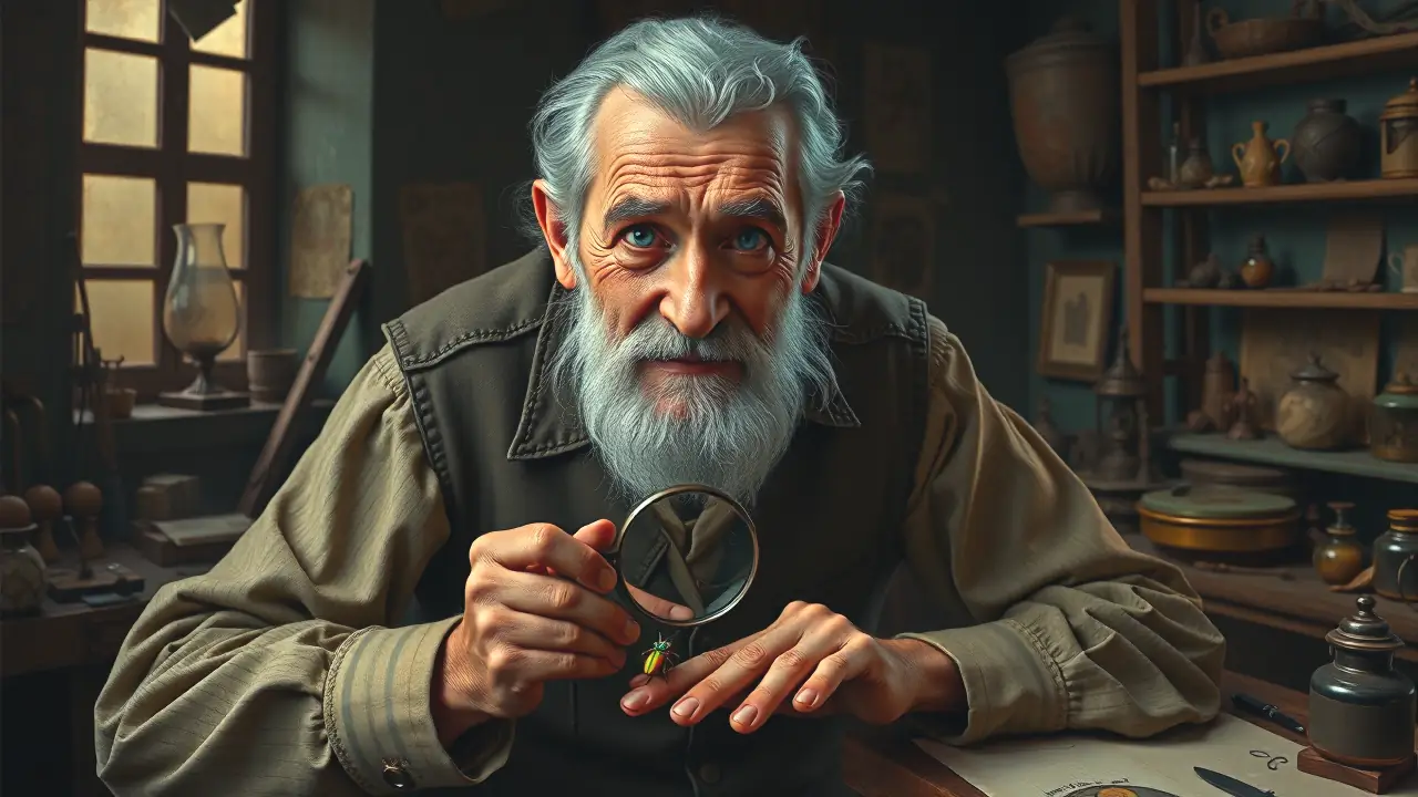 Un anciano observa un escarabajo en su taller