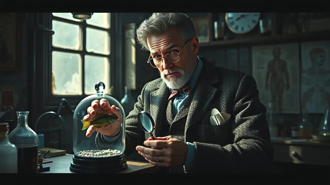 Un hombre melancólico examina un pez extraño