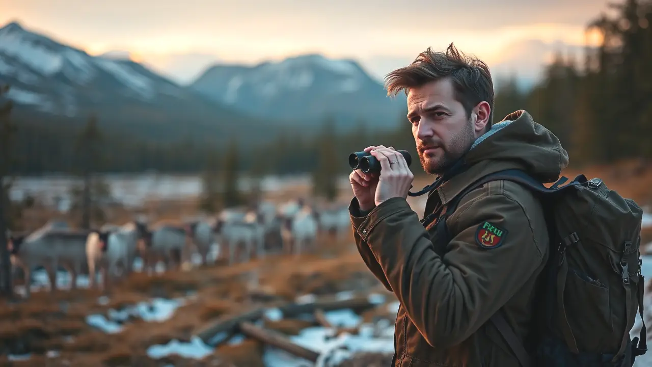 Un hombre observa renos en la montaña
