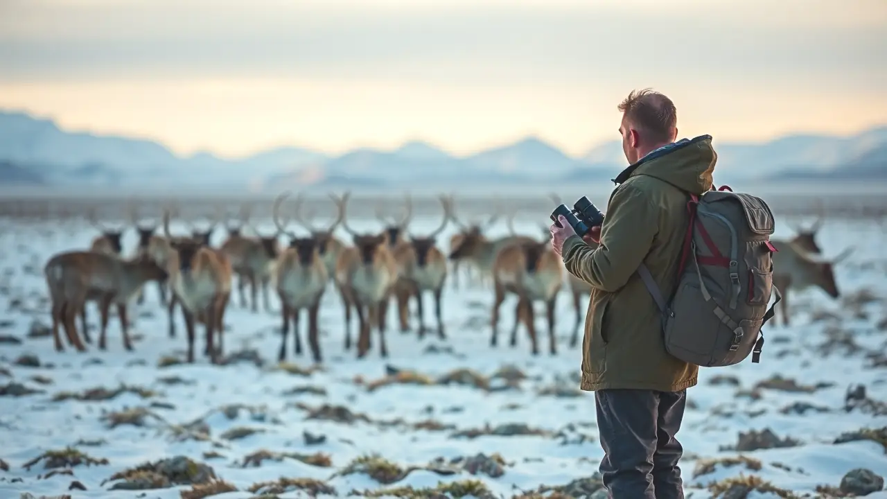 Un hombre observa renos en Noruega invernal