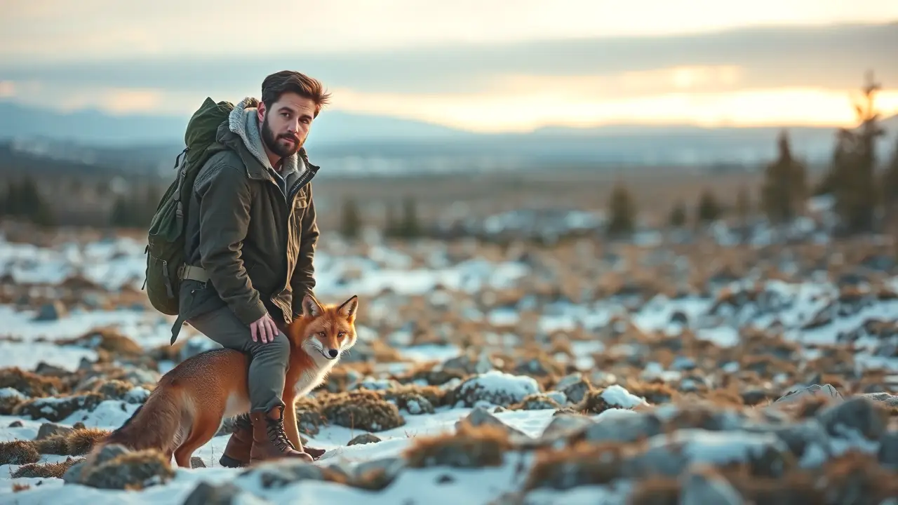 Un hombre observa un zorro en tundra