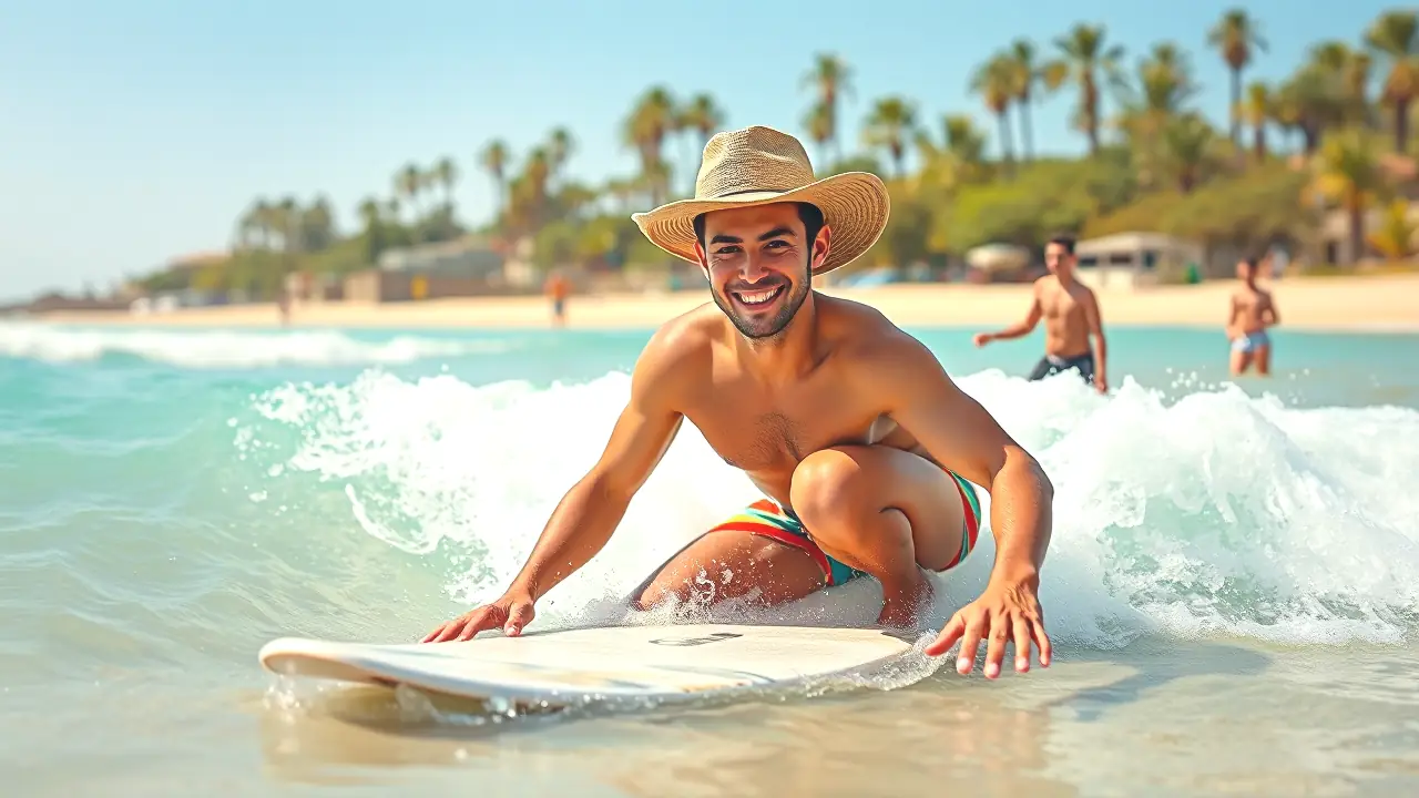 Un joven surfista aprende en la playa