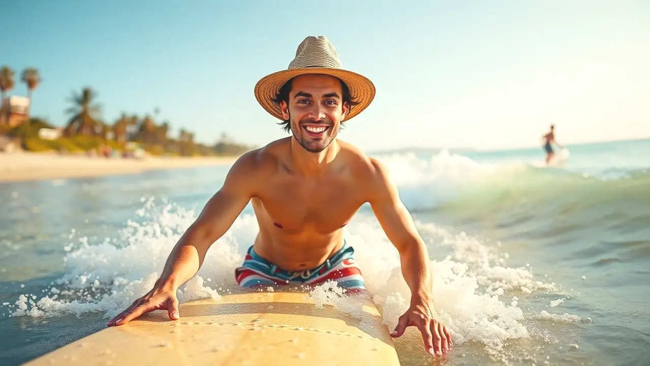 Un joven surfista aprende en la playa