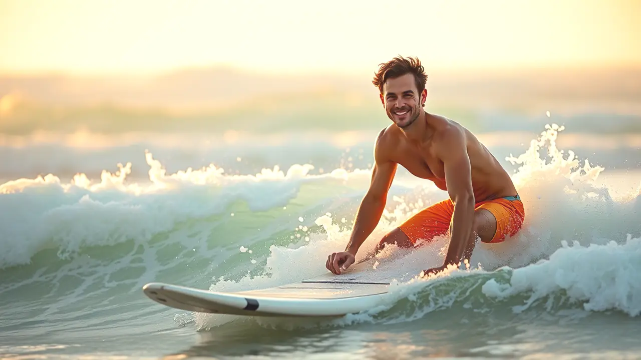 Surfista principiante en la playa dorada