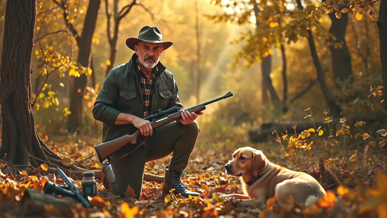 Un cazador español serio en bosque otoñal