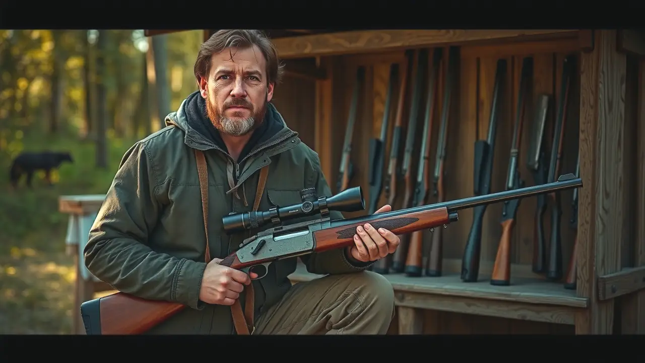 Un cazador español observa sus armas en la naturaleza