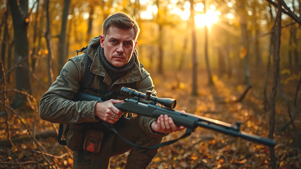 Un cazador robusto rastrea ciervo en otoño