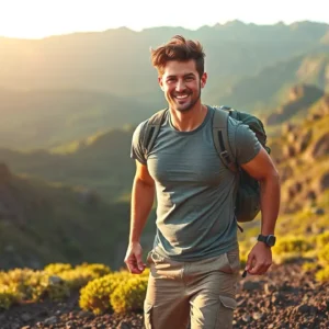 Un hombre atlético explora paisajes volcánicos con luz dorada