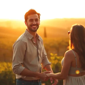 Un hombre sonríe con su pareja en Toscana