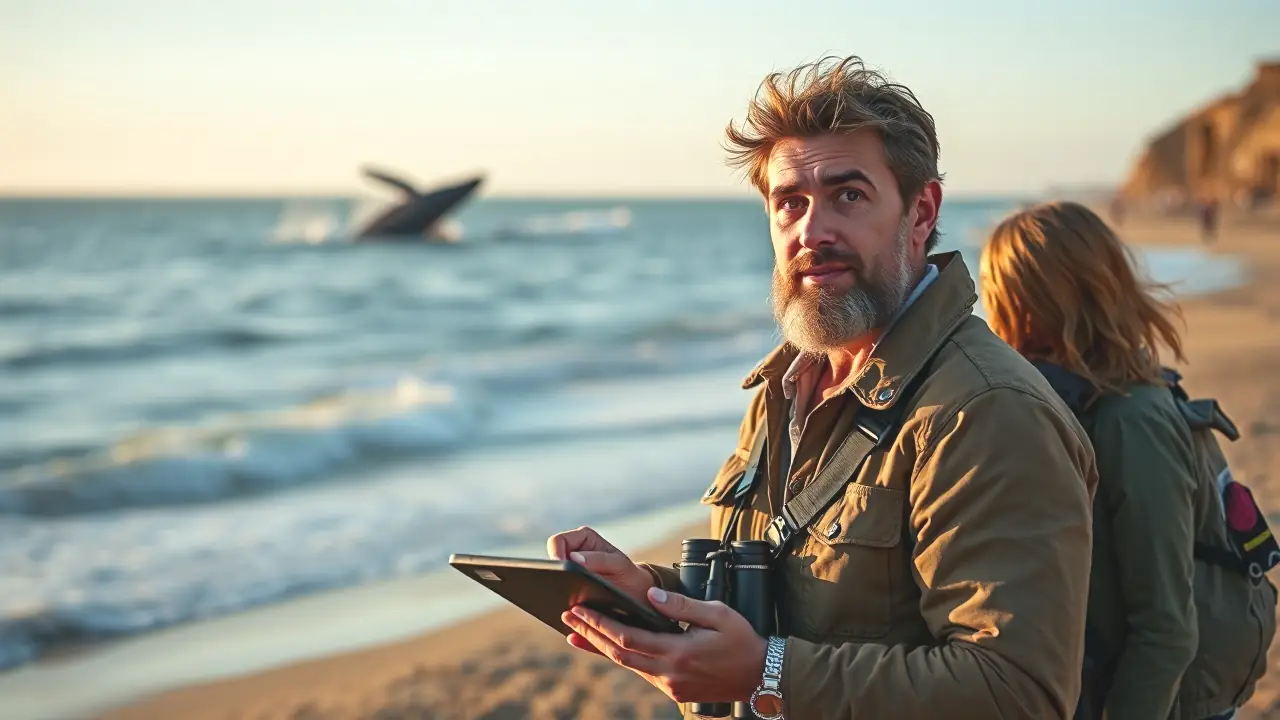 Ballenas Tipos: Guía Completa de Especies y Avistamiento 3 Un científico observa ballenas con asombro en la playa