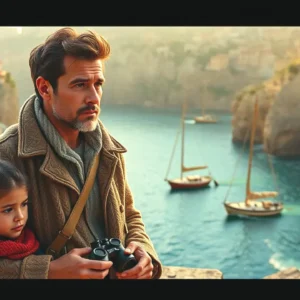 Un hombre pensativo observa el mar con una niña