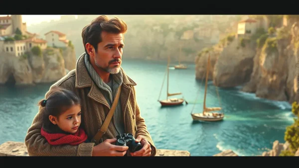 Un hombre pensativo observa el mar con una niña