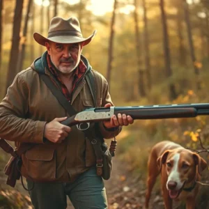 Un cazador español observa el bosque con su perro