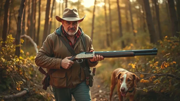 Un cazador español observa el bosque con su perro