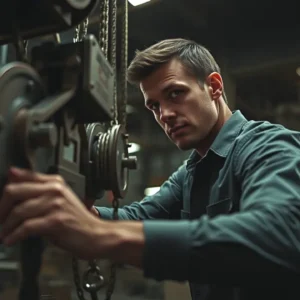 Un hombre fuerte opera maquinaria industrial con precisión