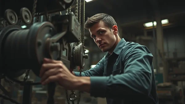 Ballestas de Poleas: Potencia, Velocidad y Precisión Superior 1 Un hombre fuerte opera maquinaria industrial con precisión