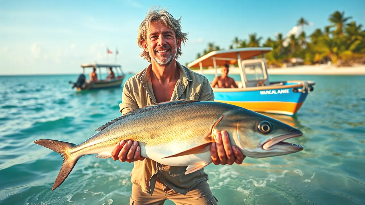Un pescador español captura un barracuda en el sol