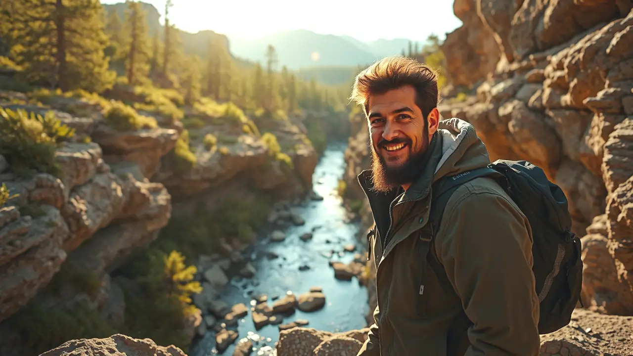 Un hombre aventurero disfruta paisajes impresionantes