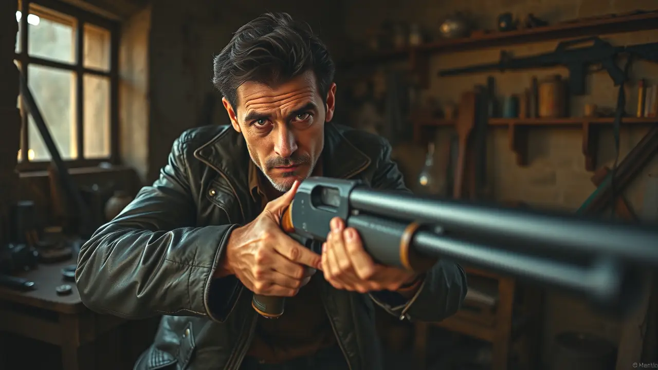 Benelli BE Diamond: Opiniones y Prueba Exhaustiva del Armamento 5 Un hombre en un taller oscuro dispara con precisión