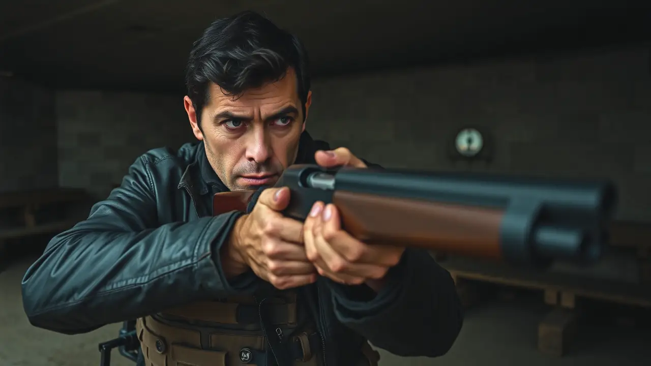 Benelli BE Diamond: Opiniones y Prueba Exhaustiva del Armamento 3 Un hombre serio apunta con rifle en un entorno urbano