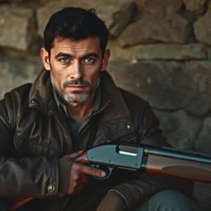 Un hombre serio porta una escopeta en la luz dorada