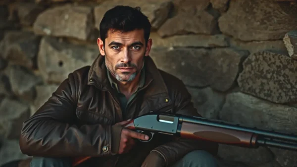 Un hombre serio porta una escopeta en la luz dorada