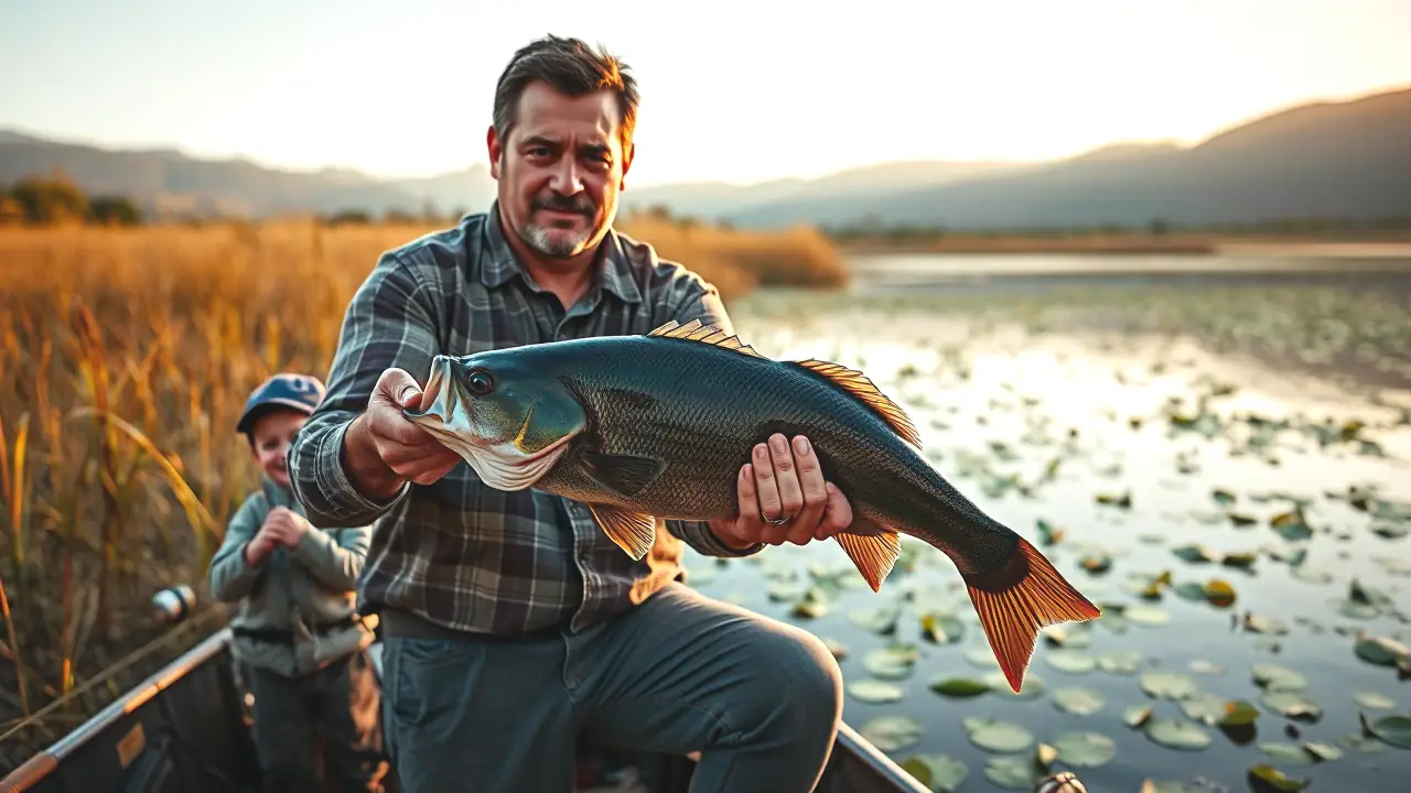 Black Bass en España: ¡Gigantes Sorprendentes Capturados! 3 Un pescador español captura un pez en la naturaleza