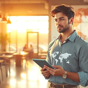 Un hombre pensativo usa una tableta en un espacio moderno