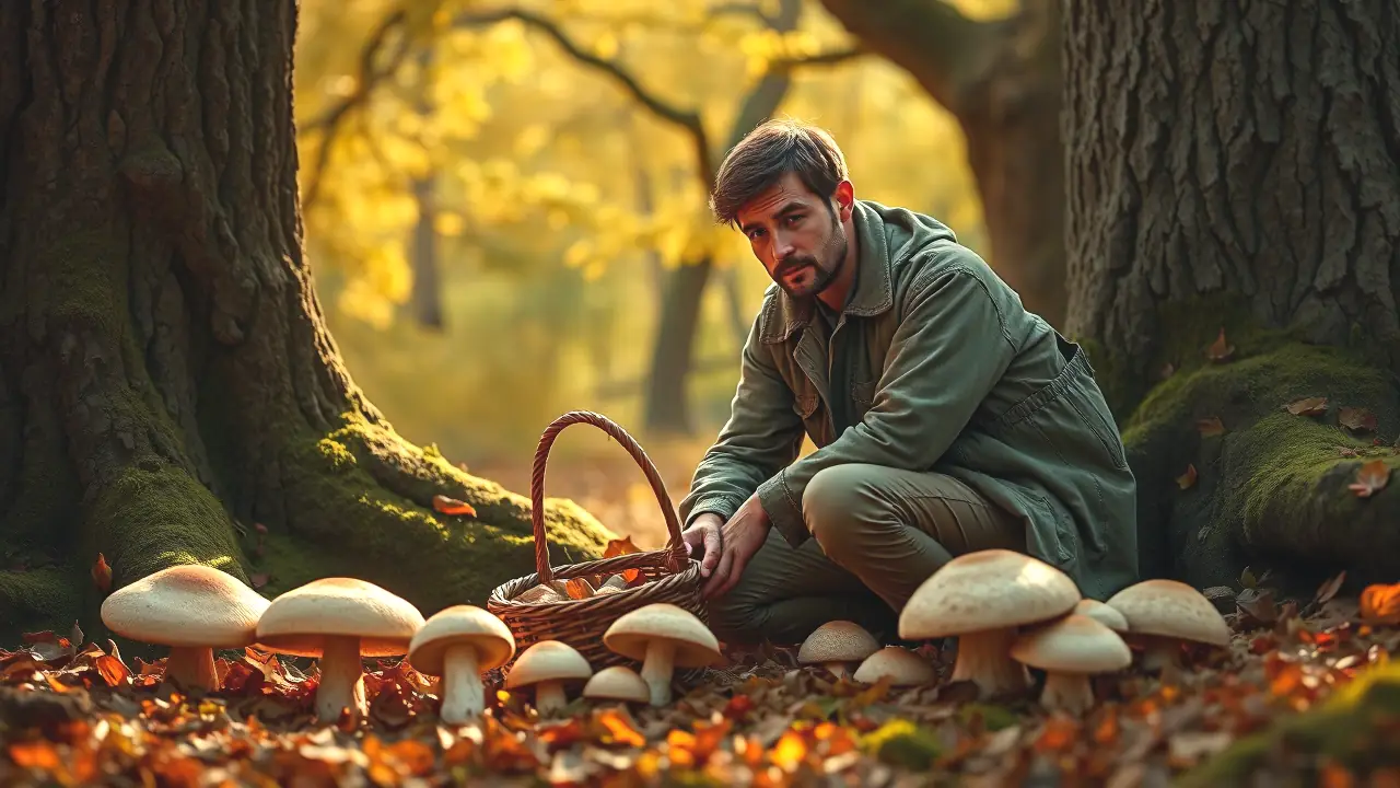 Un hombre contempla hongos en bosque otoñal