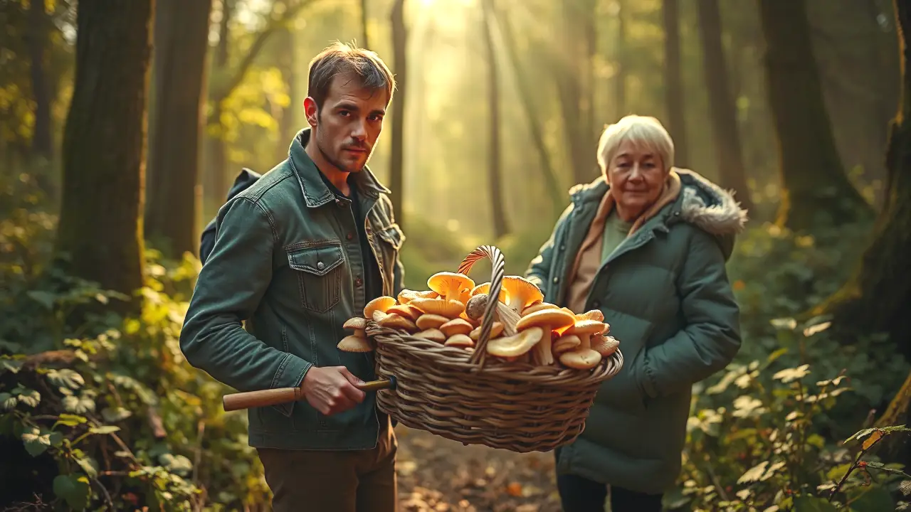 Un hombre recoge hongos en bosque otoñal