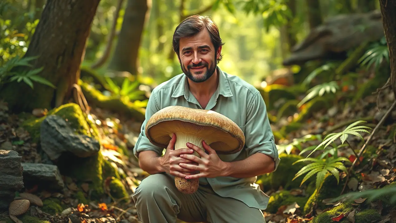 Un hombre español contempla un hongo en bosque