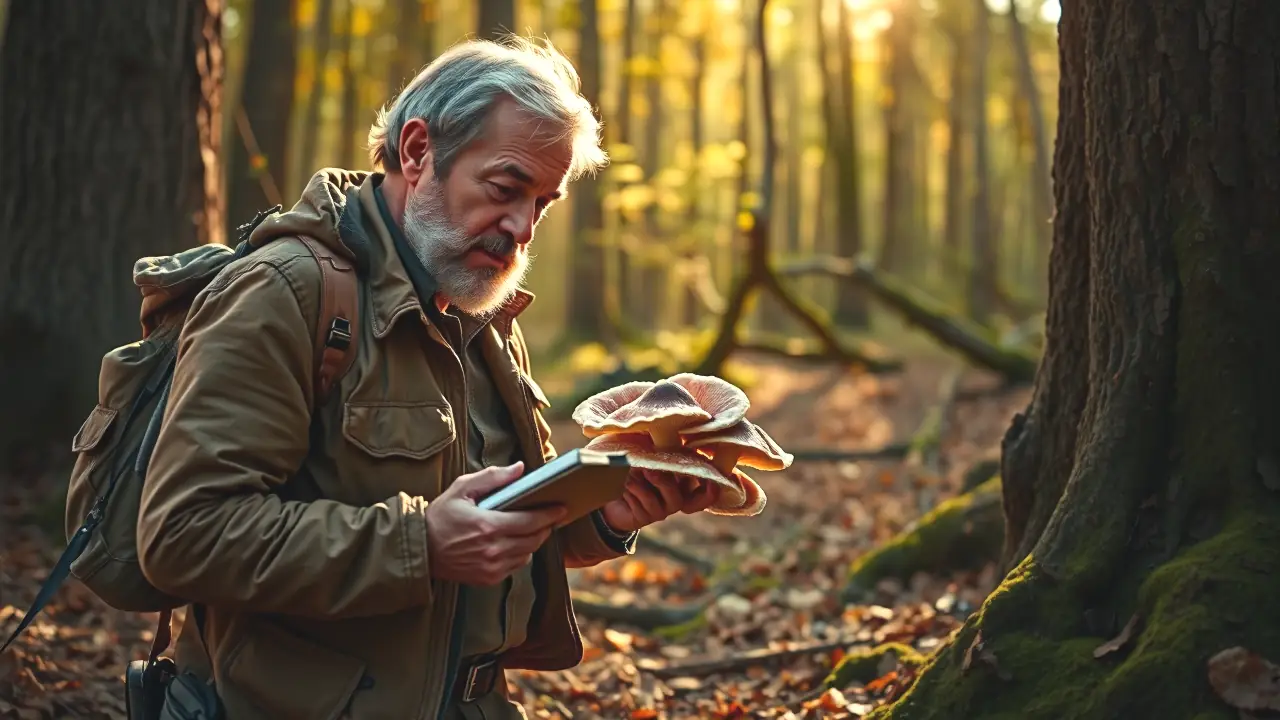 Un mycólogo examina hongos en bosque otoñal