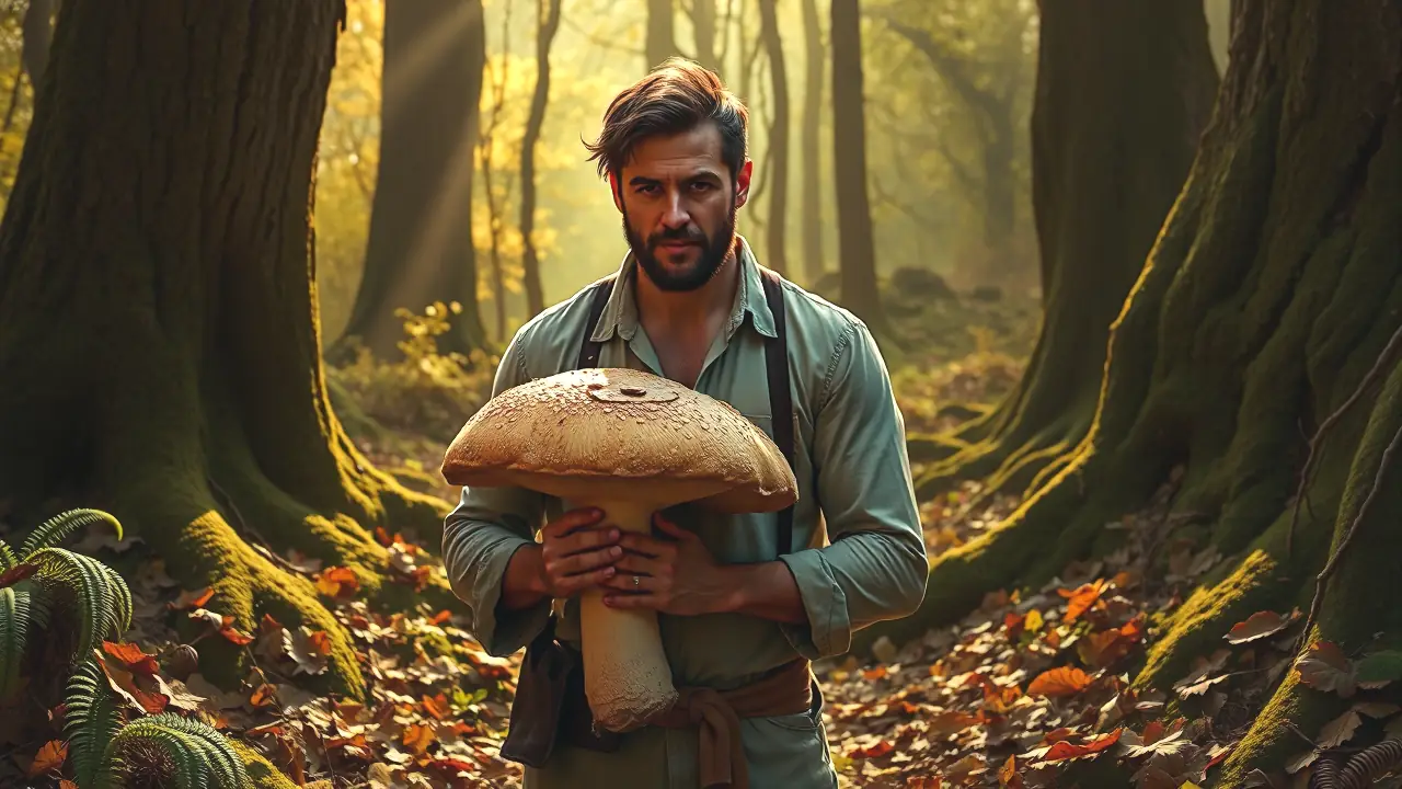 Un hombre robusto sostiene champiñón en bosque