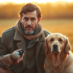 Un cazador serio con perro dorado en campo