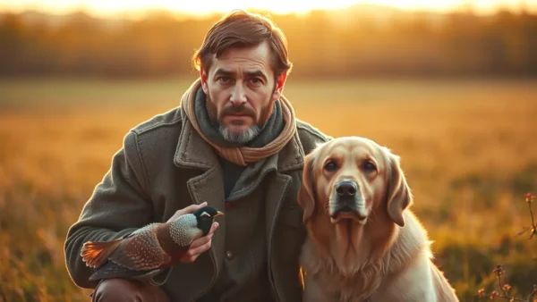 Epagneul Bretón: Perros Bretones de Caza Marrón Oscuro 1 Un cazador serio con perro dorado en campo