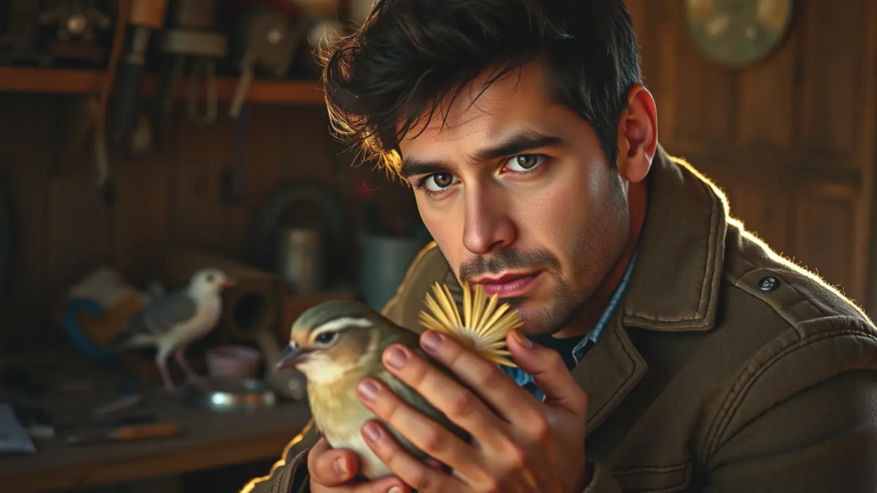 Un hombre observaba el jilguero en luz cálida