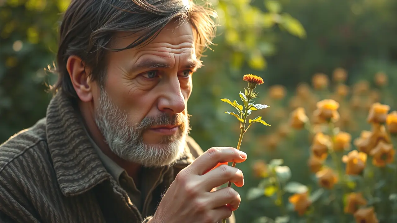 Un hombre contempla un jilguero en luz tenue