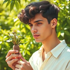 Un joven pensativo sostiene un jilguero en luz suave