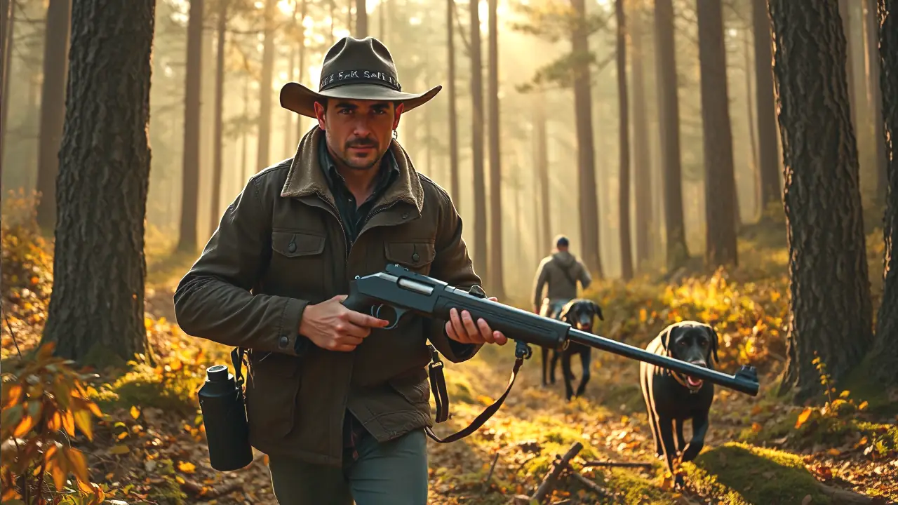 Calibre 17 HMR para Jabali: ¡Caza Inolvidable! 3 Un cazador rastrea el jabalí en bosque otoñal