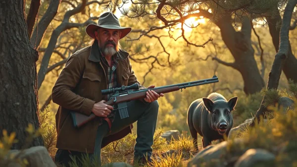 Un cazador español contempla el ciervo en bosque