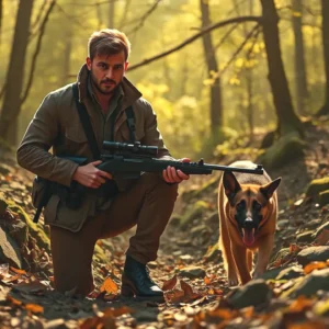 Un cazador español rastrea en bosque dorado