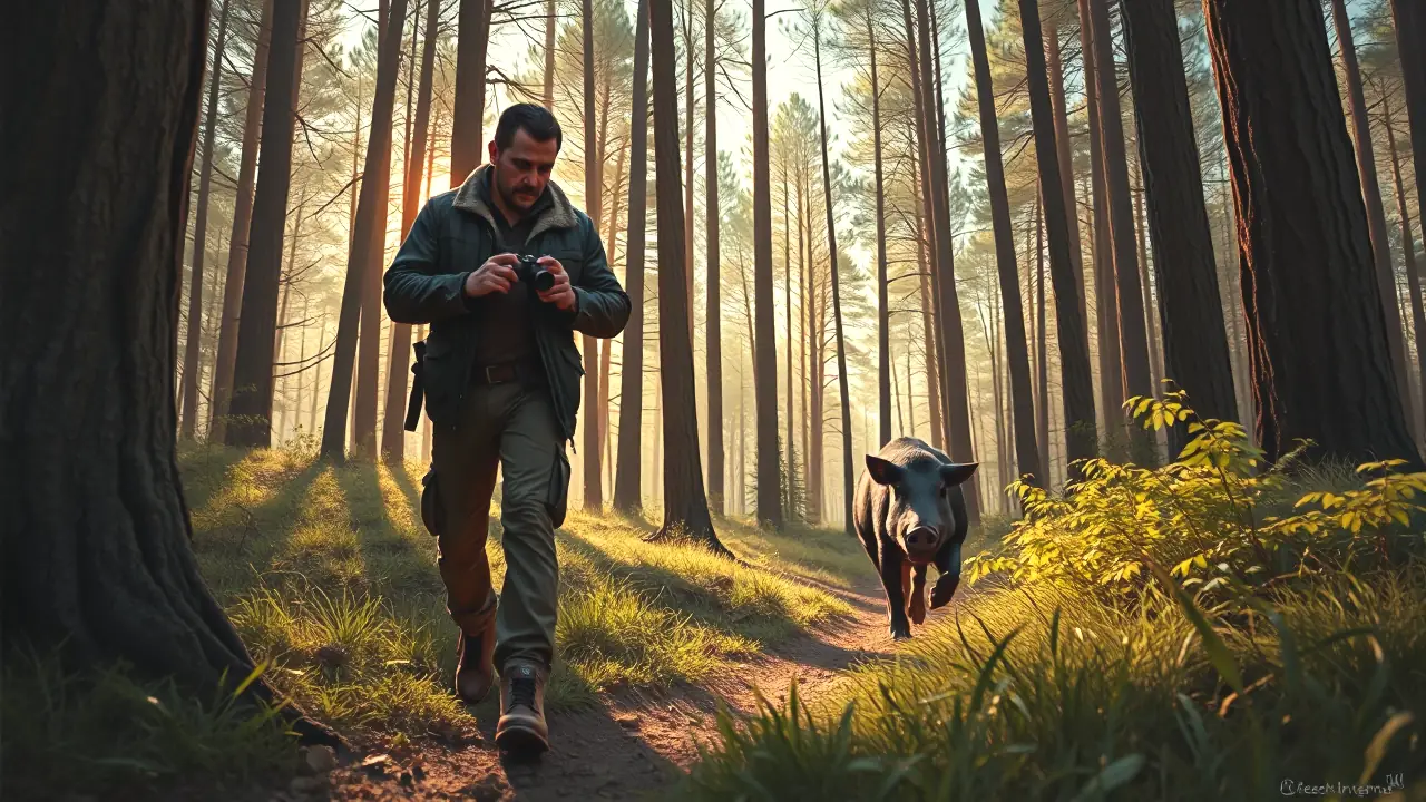 Un cazador español rastrea el jabalí en bosque