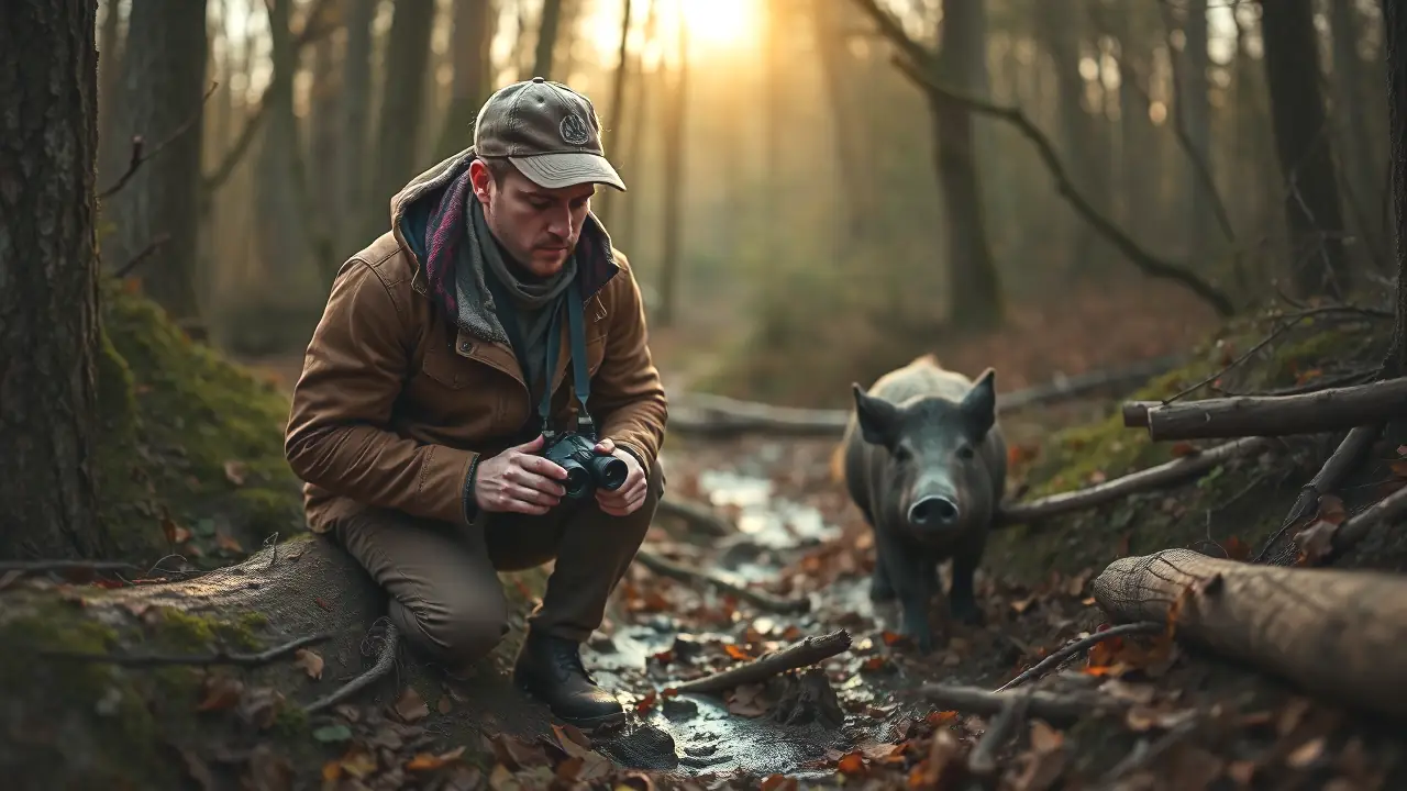 Un cazador rastrea el jabalí en bosque